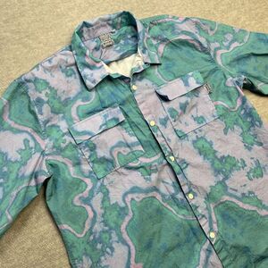 Crooked Tongues Shirt Mens XL Blue‎ Tie Dye Geometric AOP Loop Collar Camp Artsy